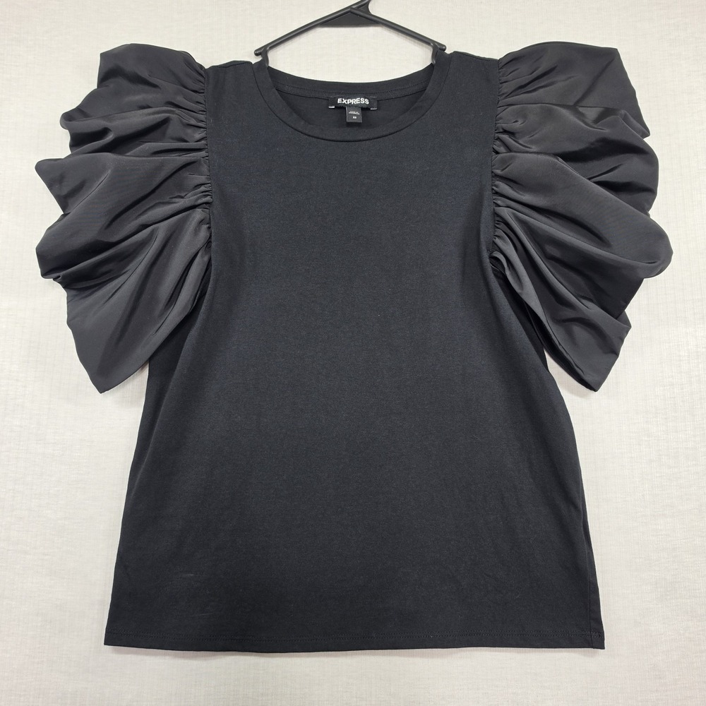 Express Black Cotton Puff Sleeve Dramatic Shoulder Top T-Shirt Size XS Modern
